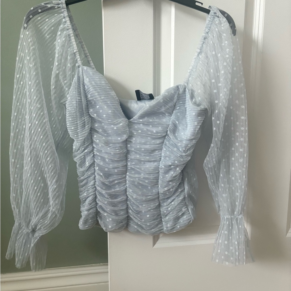 Elegant Sheer Sleeve Ruched Top - Light Blue